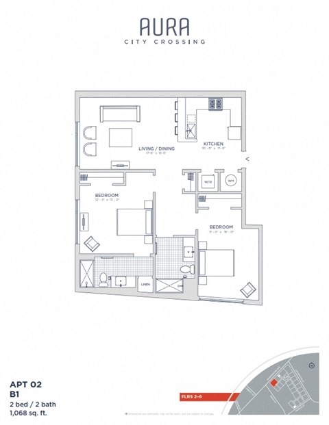 Floor plan for 2 beds, 2 baths, 1068 sqft